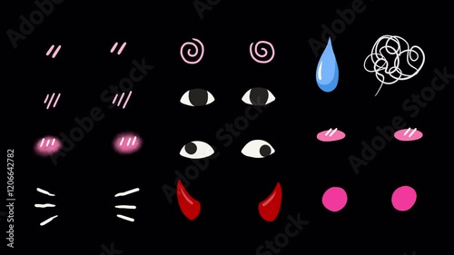 Set of anime cute shy pink cheek effect symbols, wiggle, animation stickers, funny weird eyes, sweat, confused mess up symbol, evil horns, on a transparent background 