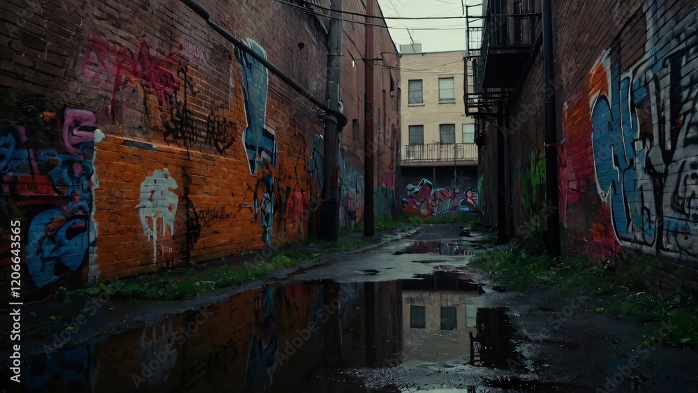 Fototapeta premium Graffiti-covered alleyway reflecting in a puddle