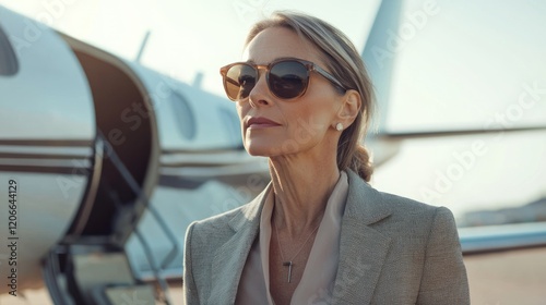 Confident Woman in Sunglasses Near Private Jet