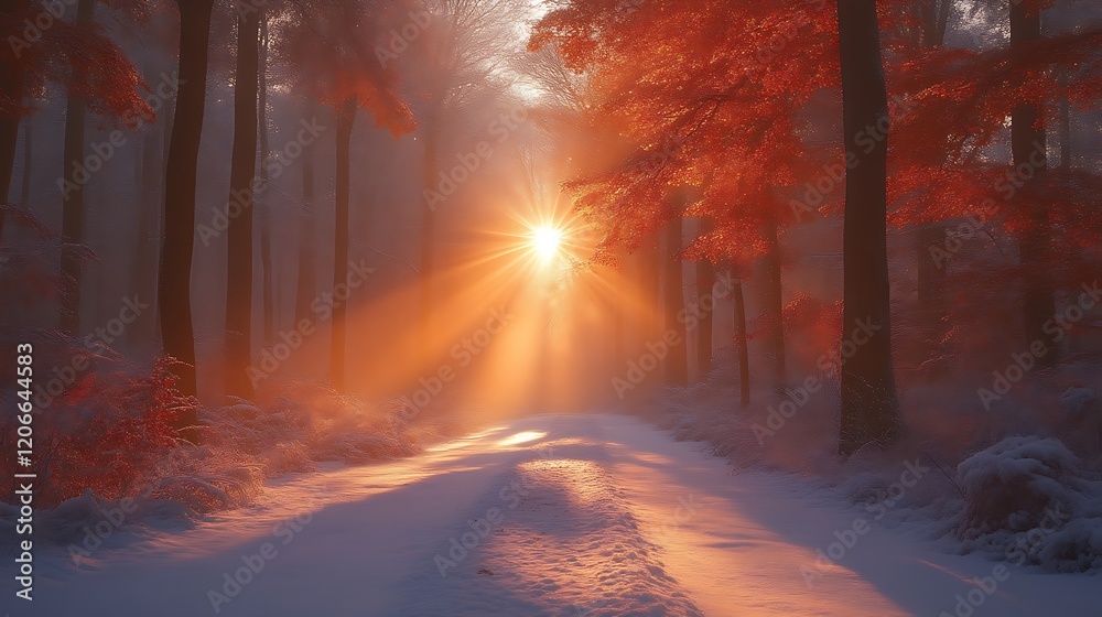 Sunrise path, snowy forest, winter fog, magical light, landscape Sunrise path, snowy forest, winter fog, magical light, landscape