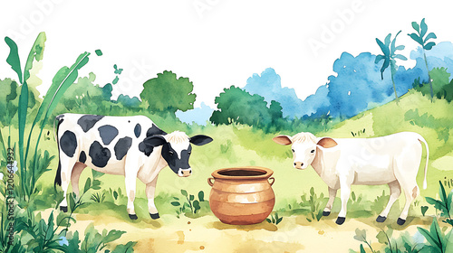 Cows grazing near a Pongal pot setup, peaceful rural South Indian scene, artistic watercolor photo