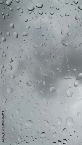Raindrops flowing down the window glass with a dark cloud background. Vertical.