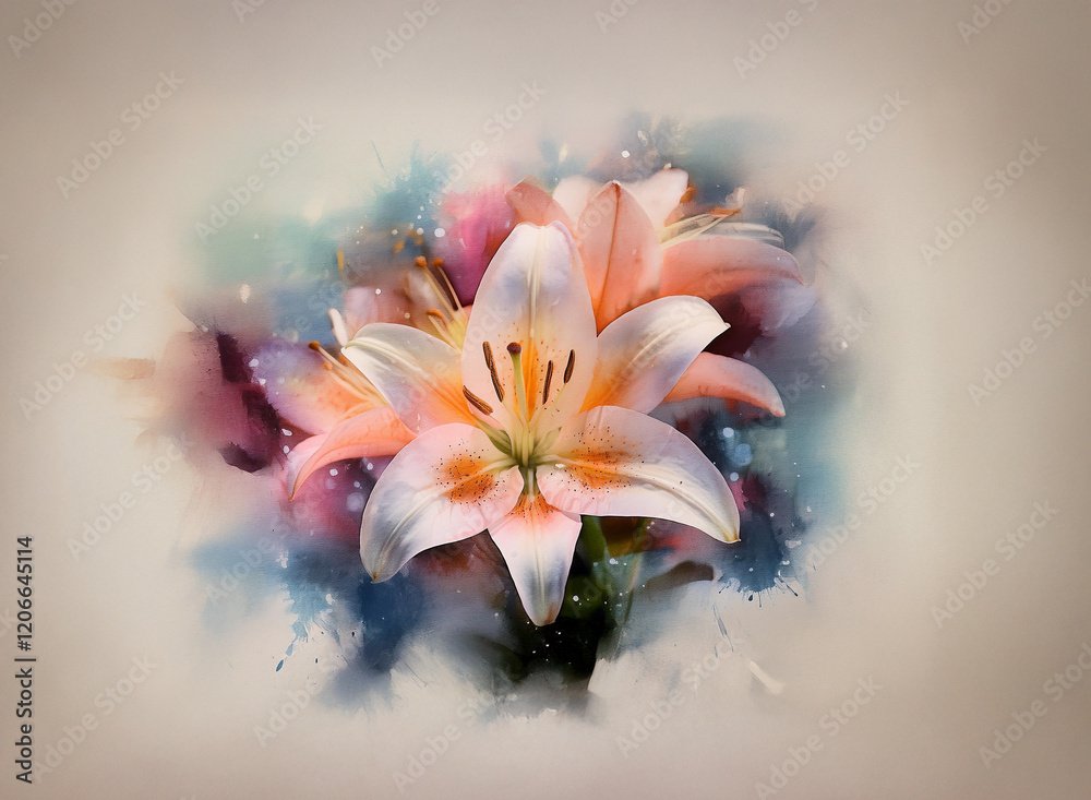 Fototapeta premium Soft, peach and white lilies blossom against a dreamy watercolor background. Subtle sparkle adds to the ethereal beauty of the floral artwork.