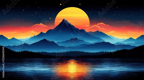 Majestic Golden Sunset Reflection in Calm Mountain Lake - Dramatic Landscape Scenery