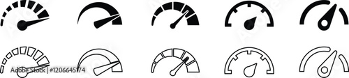 Speedometer icon. Speed indicator icon flat line set. Feedback Rating meter performance concept Dashboard level scale vector for apps Fast speed sign low and high barometers, gauge, score progress