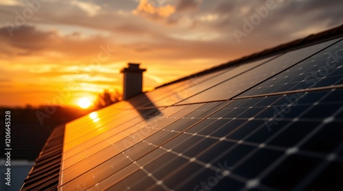 Solar panel installation on a rooftop with a dramatic sunset background