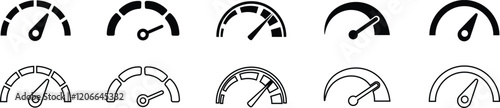 Speedometer icon. Speed indicator icon flat line set. Feedback Rating meter performance concept Dashboard level scale vector for apps Fast speed sign low and high barometers, gauge, score progress