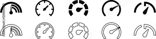 Speedometer icon. Speed indicator icon flat line set. Feedback Rating meter performance concept Dashboard level scale vector for apps Fast speed sign low and high barometers, gauge, score progress