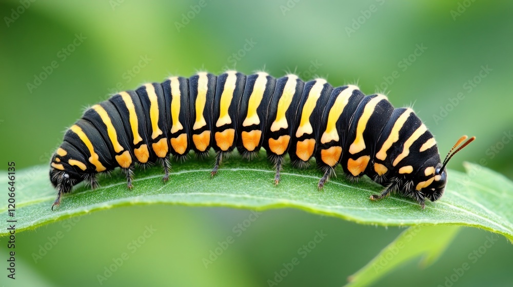 Striped Caterpillar on a Leaf: A Close-Up Macro Shot Striped Caterpillar on a Leaf: A Close-Up Macro Shot