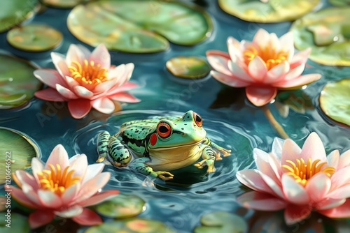 Playful frogs in different activities, each frog interacting with colorful water lilies and other pond elements in a lively and whimsical scene.