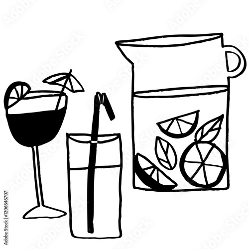 Jug with a drink and fruits and two glasses with drinks