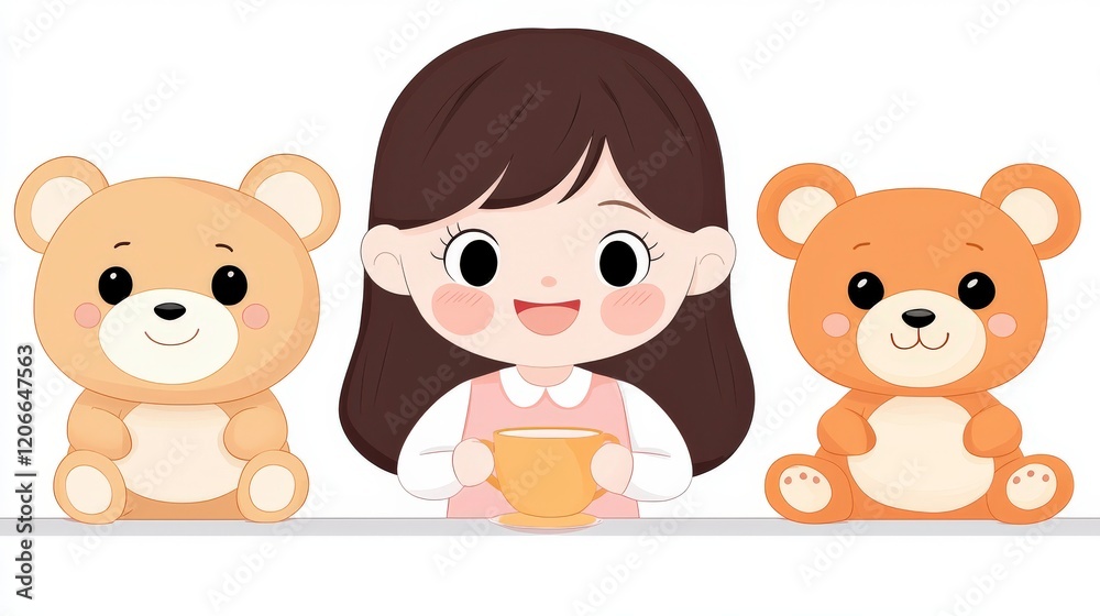 Cute Girl with Two Cartoon Bears Holding a Cup in a Playful Setting for Children's Illustration