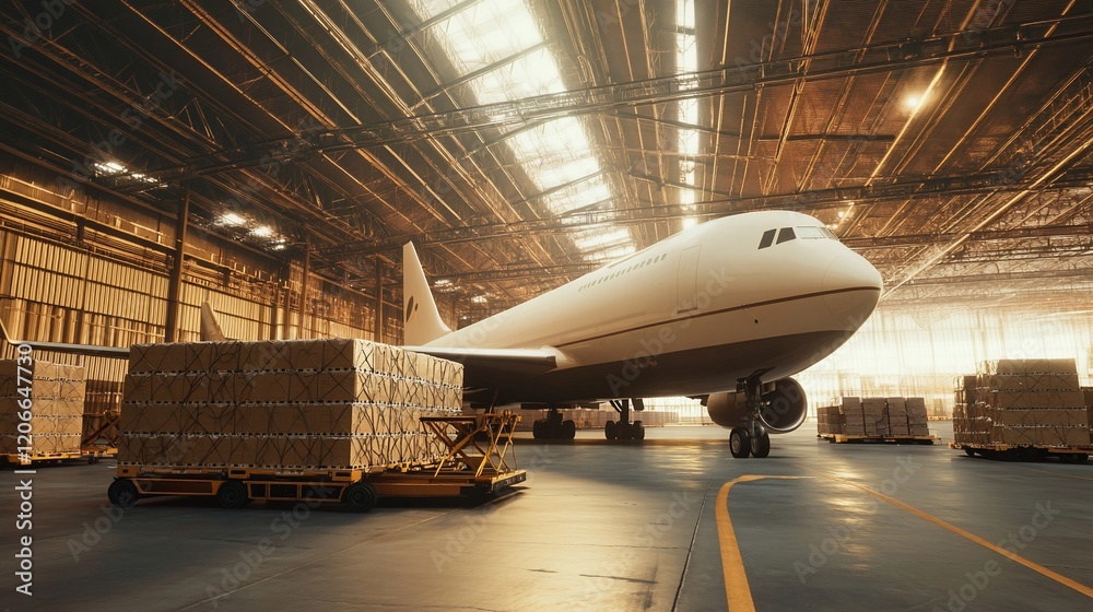 Naklejka premium Airplane cargo loading hangar sunrise logistics