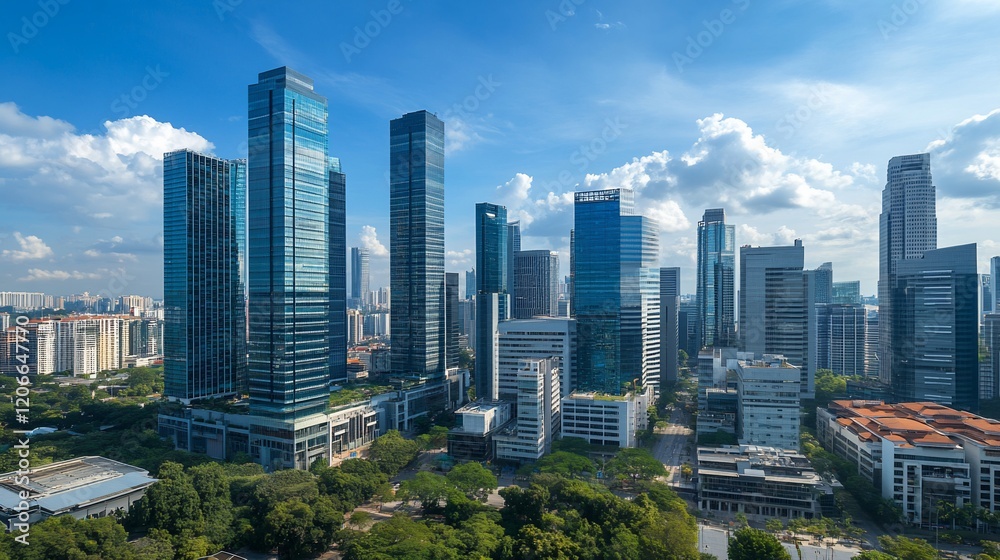 Fototapeta premium Skyscrapers, city, sunny day, aerial view, downtown, business, panoramic, cityscape, financial district, growth
