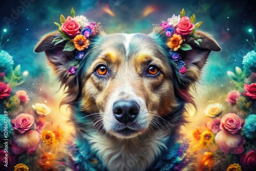 AI crafted: a double exposure dog portrait.  Surreal pet photography, digitally enhanced canine art. photo