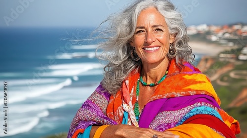 Smiling woman with flowing gray hair enjoys a sunny coastal view while wearing a vibrant shawl