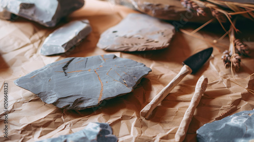 Close-up of ancient stone tools on a textured wooden surface, highlighting archaeology, antique designs, and primitive heritage craftsmanship as each artifact detail emerges under soft natural light. photo