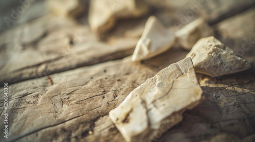 Close-up of ancient stone tools on a textured wooden surface, highlighting archaeology, antique designs, and primitive heritage craftsmanship as each artifact detail emerges under soft natural light. photo