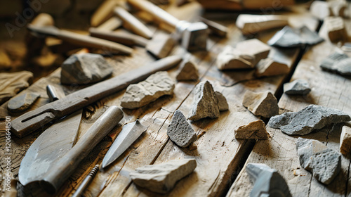 Close-up of ancient stone tools on a textured wooden surface, highlighting archaeology, antique designs, and primitive heritage craftsmanship as each artifact detail emerges under soft natural light. photo