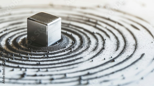 Closeup of iron filings forming circular patterns around a bar magnet, illustrating magnetic field lines on a white surface at f/2.0, emphasizing science and clarity