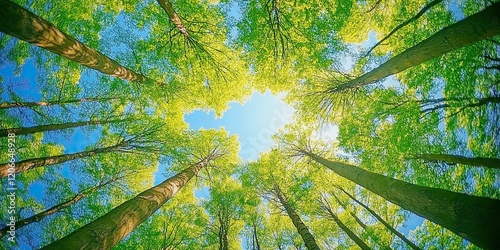 Bottom-up view green forest canopy. Climate change. Natural green biodiversity ecosystem background