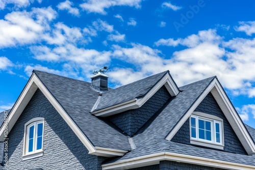Grey asphalt shingle roof, dormer windows, chimney, blue sky.