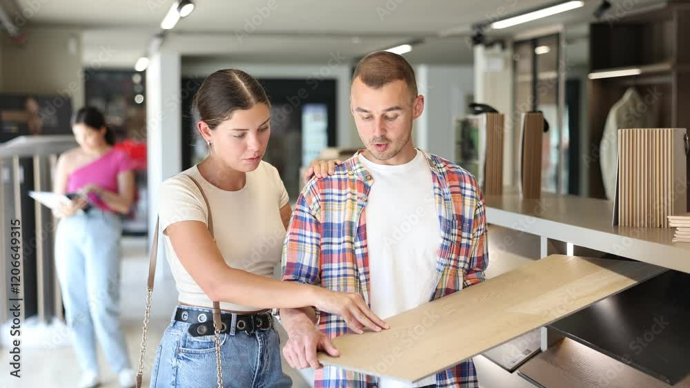 Couple of young man and woman choosing sample of laminate flooring in hardware store