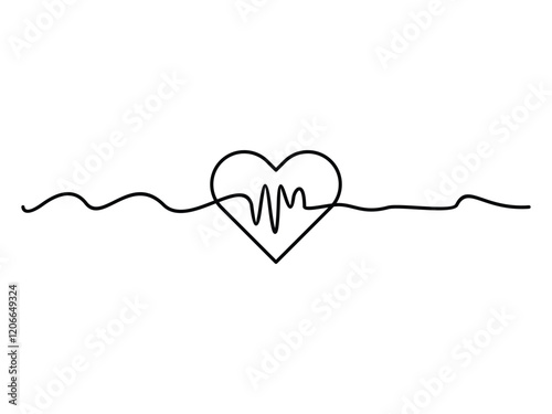 Continuous line drawing of heart. Cardiogram vector illustration on transparent background