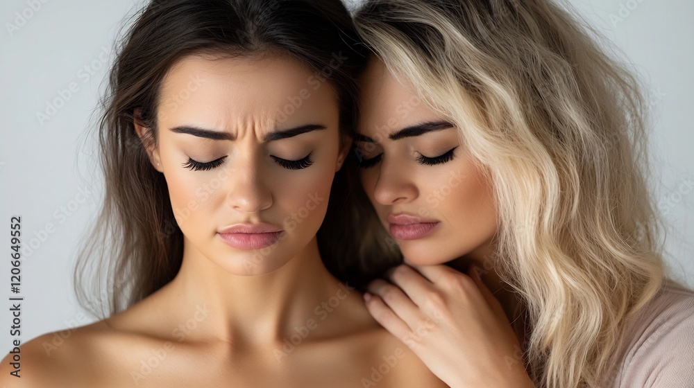 Portrait of Two Sad Women Embracing, Showing Vulnerability and Emotional Connection Portrait of Two Sad Women Embracing, Showing Vulnerability and Emotional Connection