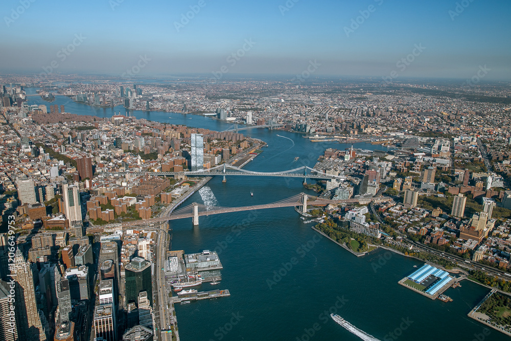 Naklejka premium Aerial View of Brooklyn Bridge and Manhattan Bridge Spanning the East River in New York City