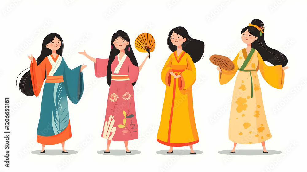 Asian women in traditional clothing, diverse poses, white background, illustration for cultural representation Asian women in traditional clothing, diverse poses, white background, illustration for cultural representation