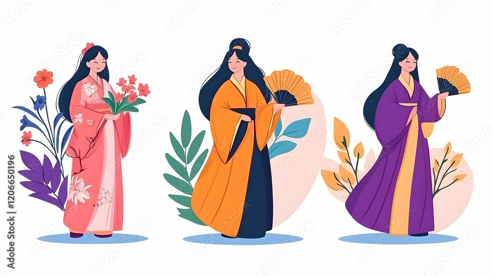 Asian women in traditional kimonos with flowers and fans, cultural celebration illustration
