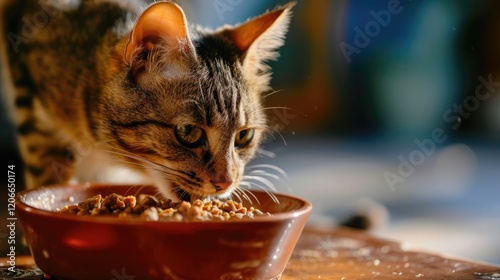 A close-up of a cat eating from a bowl with a soft background blur. photo