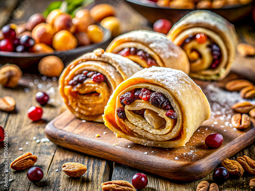 Tasty dough rolled with dried fruits. Delicious Food background