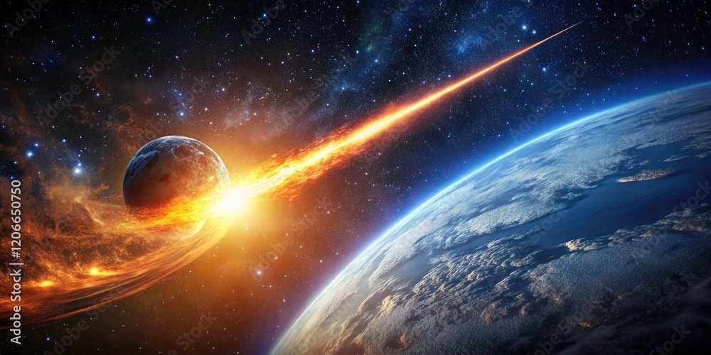 Fototapeta premium Ancient cosmic threat returns: fiery asteroid impact triggers global disaster, devastation reigns.