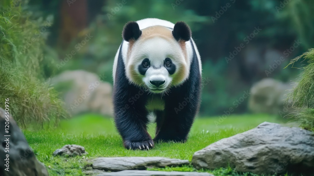 Obraz premium Majestic Giant Panda Approaching on Lush Green Grass
