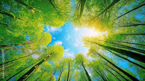 Bottom-up view green forest canopy. Climate change. Natural green biodiversity ecosystem background