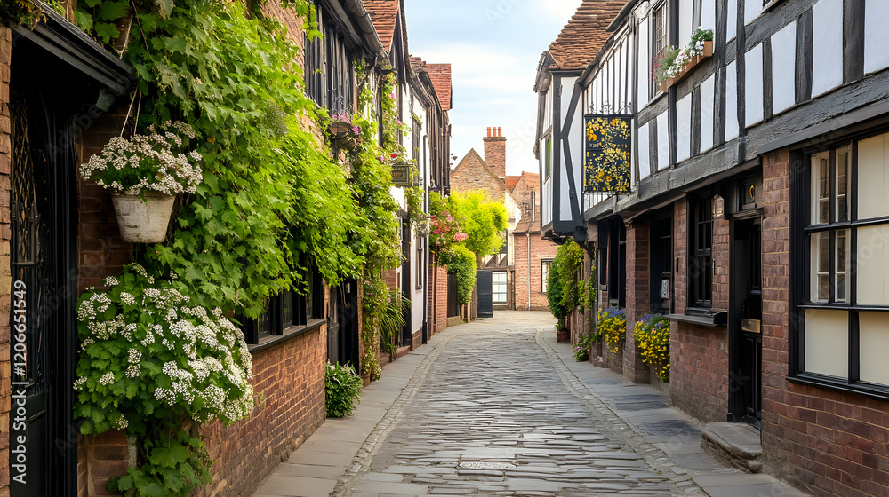 Charming cobblestone alleyway, Tudor-style houses, lush greenery, English town. Ideal for travel brochures Charming cobblestone alleyway, Tudor-style houses, lush greenery, English town. Ideal for travel brochures