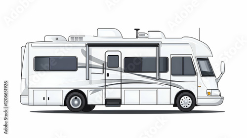Class A RV motorhome parked, side view, against white background, for travel brochures