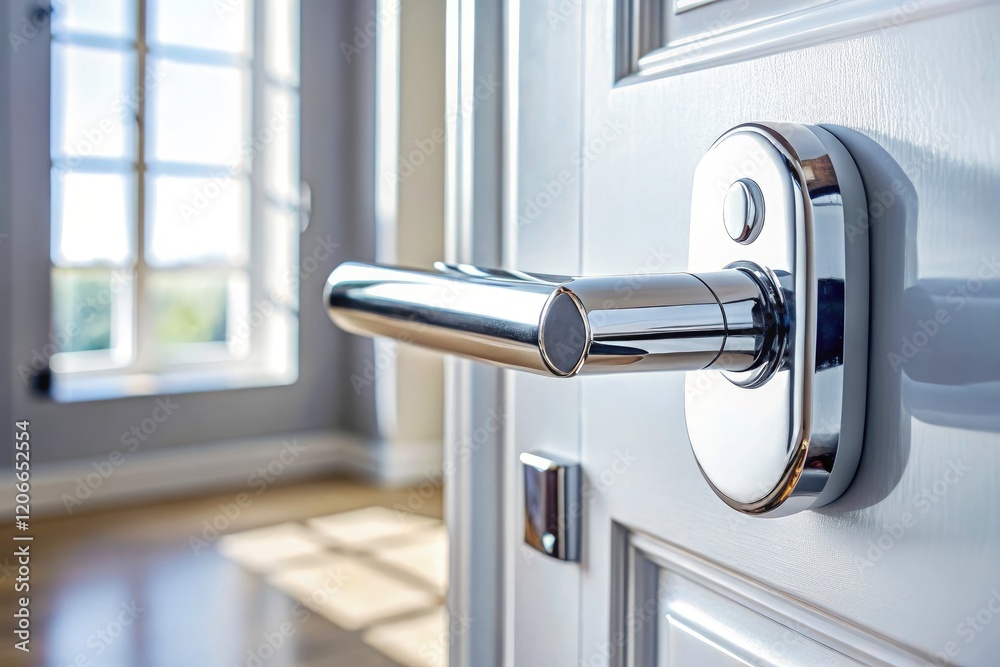 Architectural detail: a close-up of a contemporary chrome handle in a new build home. Architectural detail: a close-up of a contemporary chrome handle in a new build home.