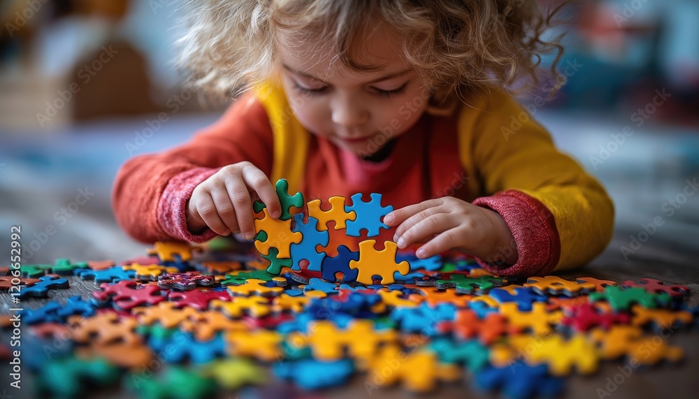 Puzzle Play Child Assembling Colorful Puzzle on Wood Floor Puzzle Play Child Assembling Colorful Puzzle on Wood Floor
