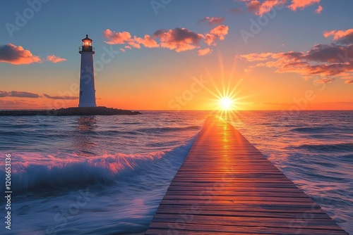 Seaside boardwalk with gentle waves lapping at the shore, leading to a cozy lighthouse standing tall at the edge of the water, with the sun setting in the background.