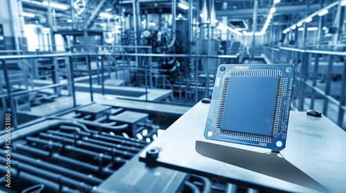 Close-up of a semiconductor chip on a sleek, metallic surface with blurred factory machinery in the background, symbolizing global chip export, shot at f/2.0 for shallow depth of field.
