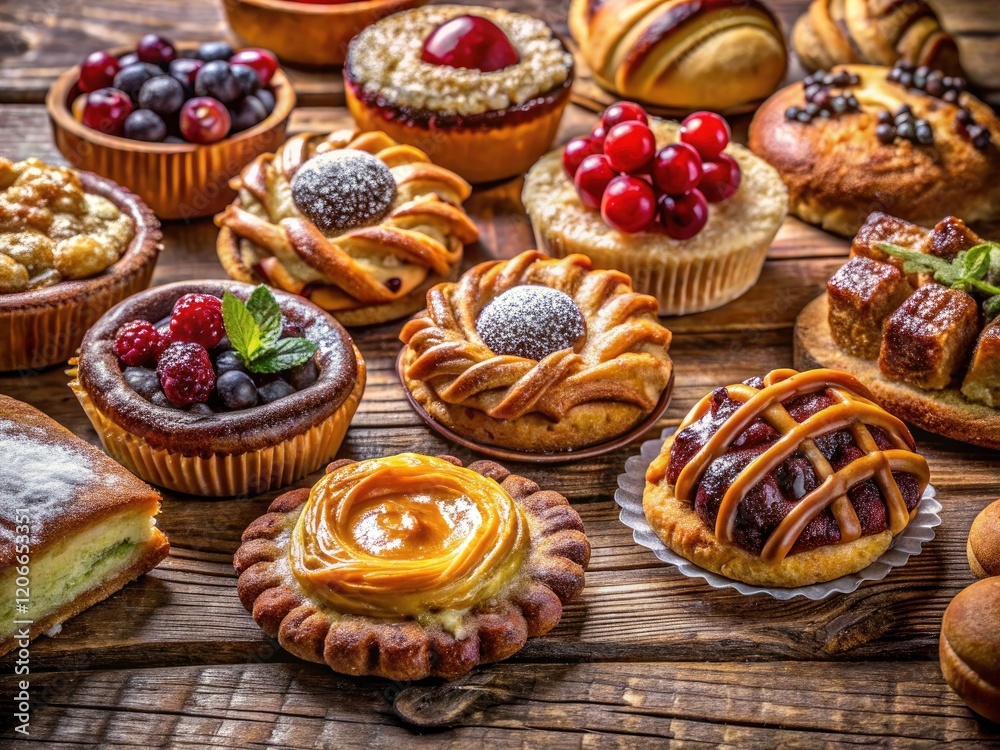 Artisan pastries, artfully arranged on weathered wood, entice the eye in this beautiful bakery photo. Artisan pastries, artfully arranged on weathered wood, entice the eye in this beautiful bakery photo.