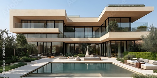 Modern luxury villa with infinity pool and landscaped gardens. photo