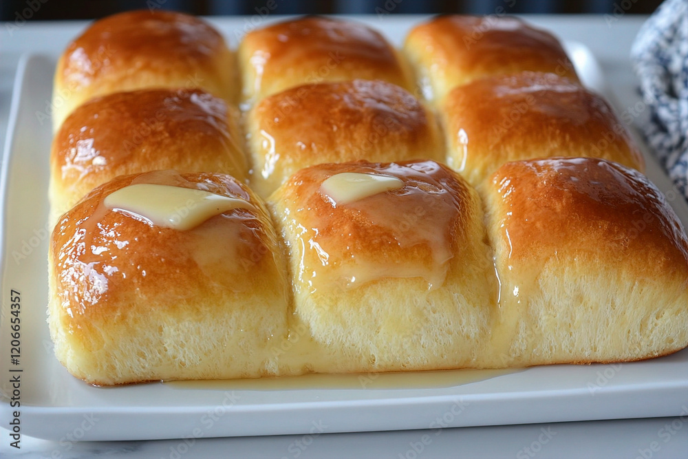 Perfectly browned yeast rolls with butter glaze. (Generative AI) Perfectly browned yeast rolls with butter glaze. (Generative AI)