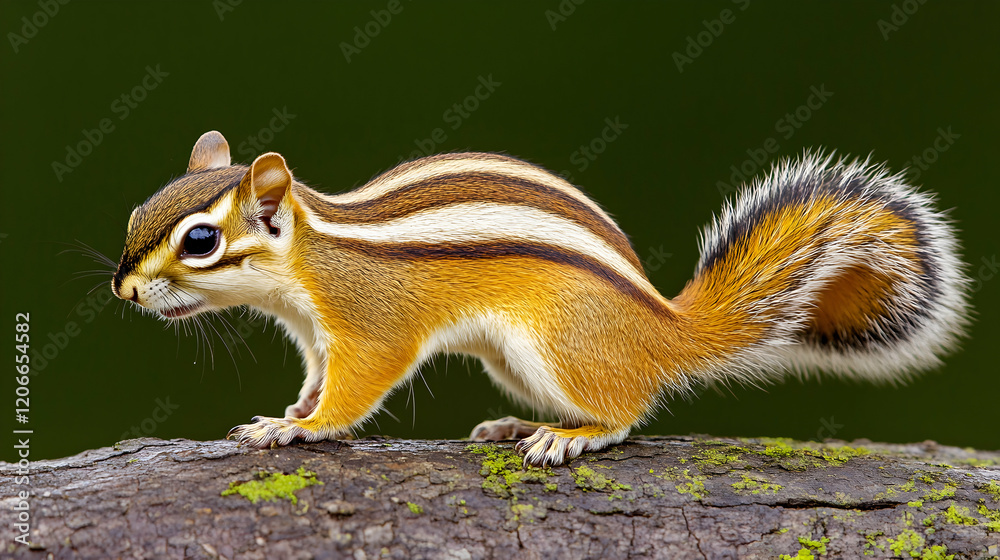 Obraz premium Eastern chipmunk on mossy log, forest background, wildlife photography, nature poster