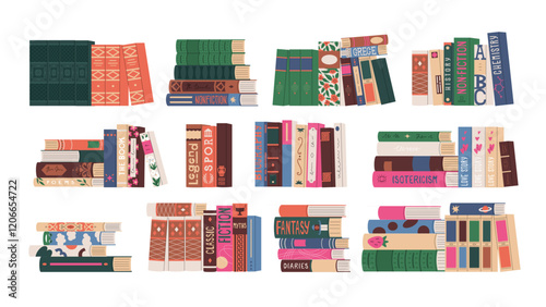 Stacks of different books. Home library for a student and a collector of fiction. Scientific research, textbooks and encyclopedias. Vector illustration isolated on a transparent background.