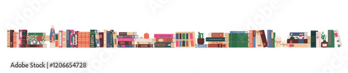 Long ornament border composed of stacks of books. Design for a bookstore, fair or library. Popularization of reading. Book sales. Vector illustration.