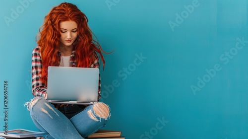 Redhead woman studying laptop, blue background, books